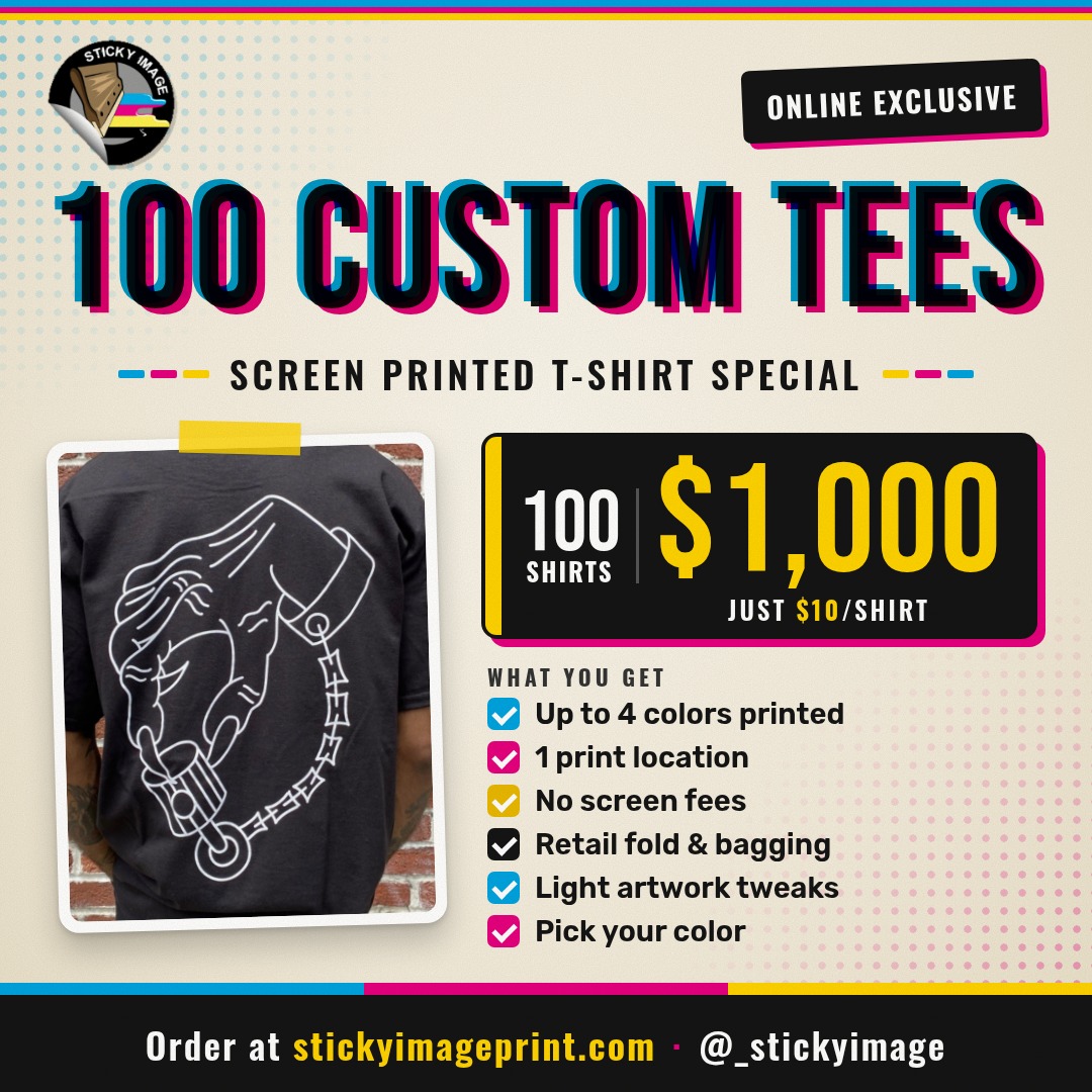 Custom Screen Printed T-Shirts – 100-Pack