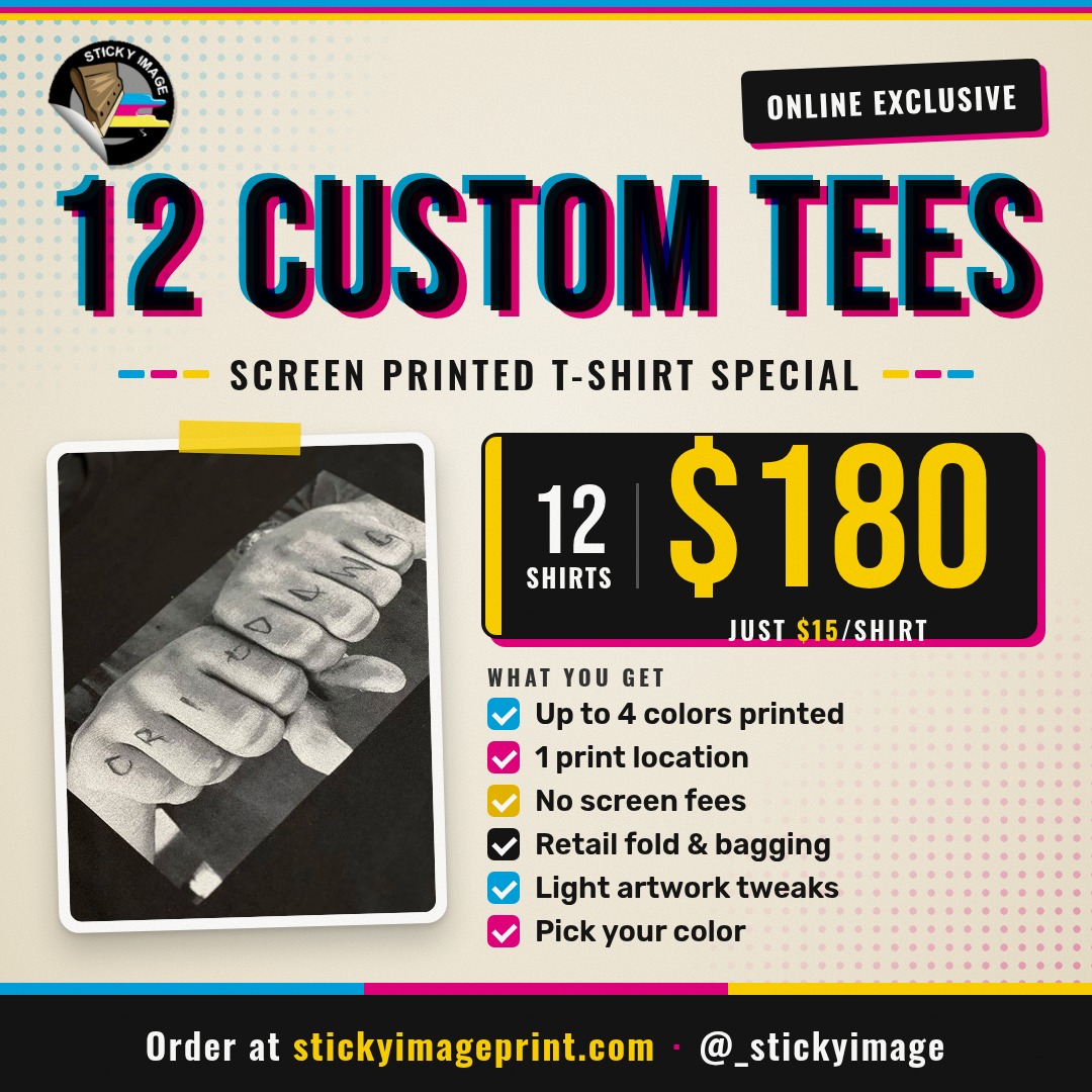 12 Custom Screen Printed Tees for $180